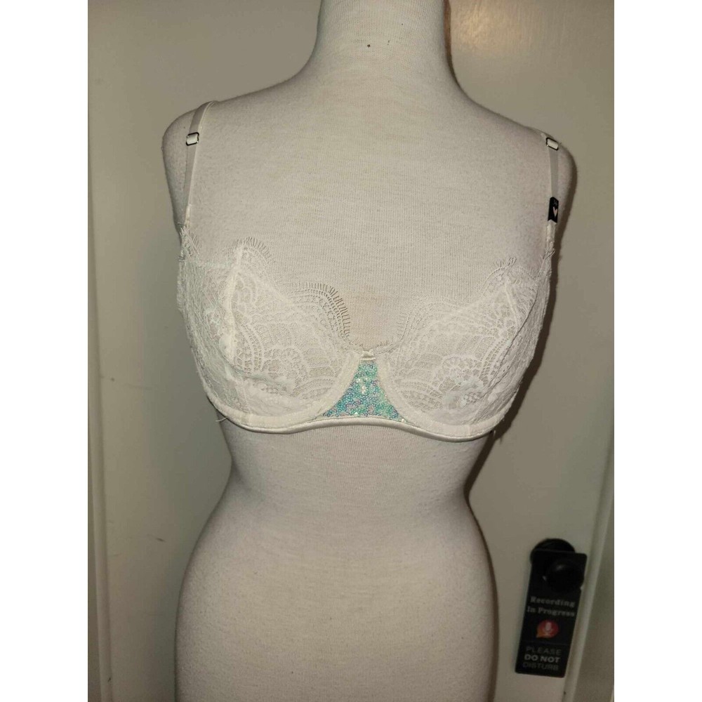 VICTORIA'S SECRET DREAM ANGELS WHITE FLORAL LACE SEQUIN PUSHUP BRA~34C~NWT